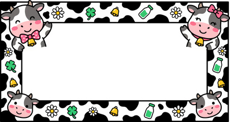 Fototapeta premium Cute cow border frame with dairy farm animals and flowers