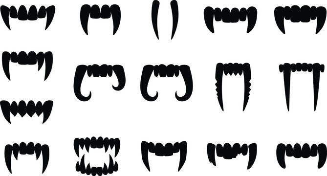 Set of various vampire fangs and sharp monster teeth silhouettes for a spooky halloween costume design