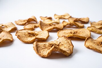 Fototapeta premium Dried Apple Slices Scattered as Healthy Organic Snack on a Plain White Background