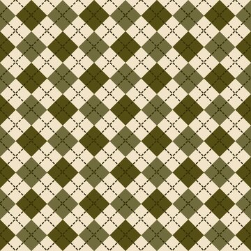Olive Green and Cream Argyle Seamless Pattern with Classic Diamond Check Design