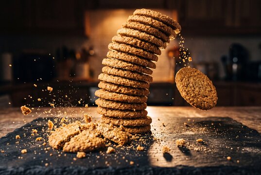 Stack of Falling Biscuits on Slate Surface Representing Instability and Imminent Collapse Concept