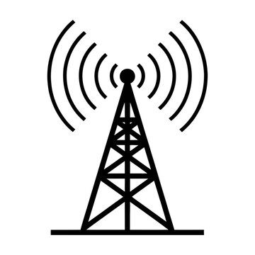Black and white vector illustration of radio telecommunication tower with signal waves
