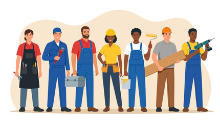 Fototapeta premium Diverse group of professional construction workers and skilled tradespeople standing together in this vibrant flat style vector graphic illustration design