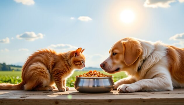 A serene outdoor setting with two dogs sitting by a table and a cat. They are in a pleasant environment under clear skies. On the table, there is food for both pets