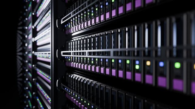 Enterprise AI and Cloud infrastructure, 3D rendered animation of high-density generically branded servers