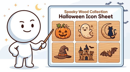 Fototapeta premium Cartoon character pointing at a wooden board with Halloween icons including a pumpkin, ghost, and cat.