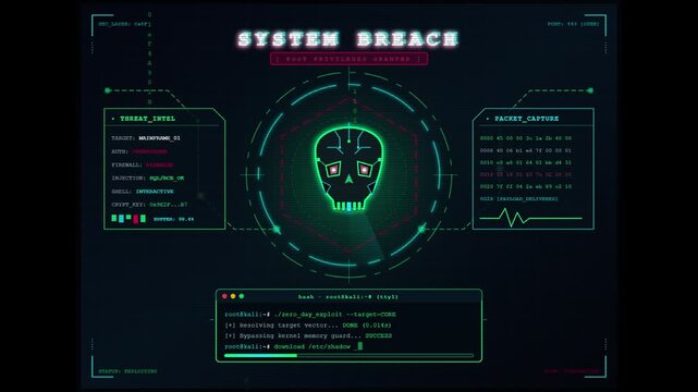A futuristic digital interface screen displaying a system breach alert with a glowing green skull icon, data readouts, and technical telemetry in a dark, high-tech hacking aesthetic.