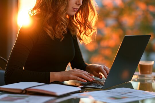 Woman freelancer typing on laptop during sunset