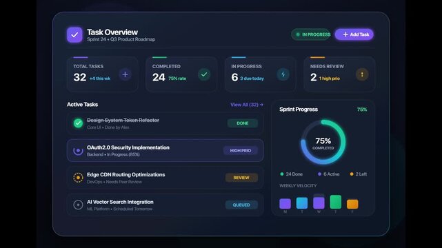 A dark-themed Task Overview dashboard interface featuring progress tracking, task status metrics, active task lists, and a circular completion chart for project management visualization.