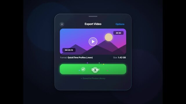 A digital user interface overlay displaying an 'Export Video' menu with a mountain landscape thumbnail, resolution settings, and a prominent green 'Export' button on a dark purple background.