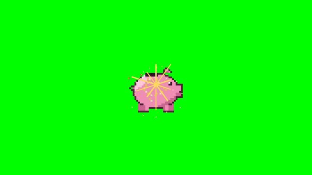 Pixelated Pink Piggy Bank with Gold Coins on Green Background