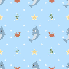Obraz premium Underwater World Dolphin & Crab Seamless Pattern