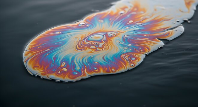 An iridescent oil slick floats on dark water. Vibrant rainbow colors swirl beautifully on surface.