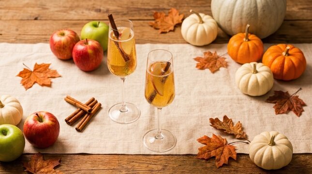 Two champagne glasses with autumn cider surrounded by apples and mini pumpkins