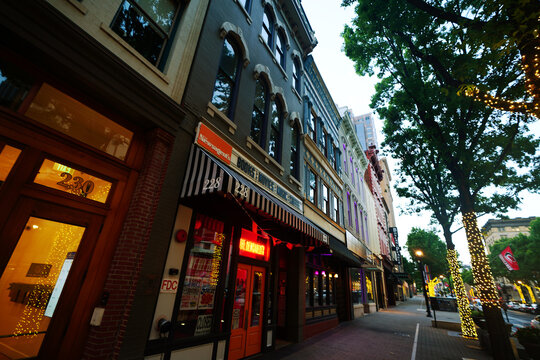 Raleigh, NC - USA - 6-23-2026: Shops and restaurants along Fayetteville Street in downtown Raleigh