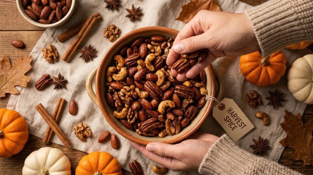 Woman holding bowl of spiced nuts with autumn leaves and mini pumpkins