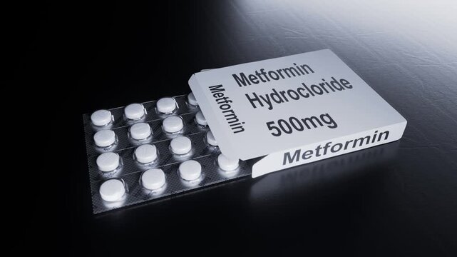 Metformin hydrochloride 500mg tablets for Type 2 Diabetes Treatment, 3d rendered animation.