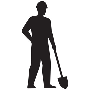 Black silhouette of a construction worker wearing a hard hat and holding a shovel, standing on a white background, side view