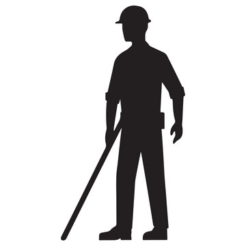 Black silhouette of a construction worker wearing a hard hat, holding a long pole, isolated on a white background