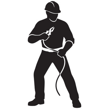Black silhouette of a construction worker wearing a hard hat, holding electrical pliers and a long wire, isolated on a white background