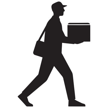 Black silhouette of a delivery worker wearing a cap and carrying a square cardboard box with a shoulder bag, white background