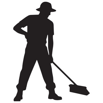 Black silhouette of a man wearing a hat and standing while using a push broom for cleaning, isolated on a white background