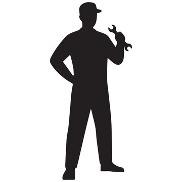 Black silhouette of a mechanic or repairman wearing a cap, holding a wrench in one hand, isolated on a white background