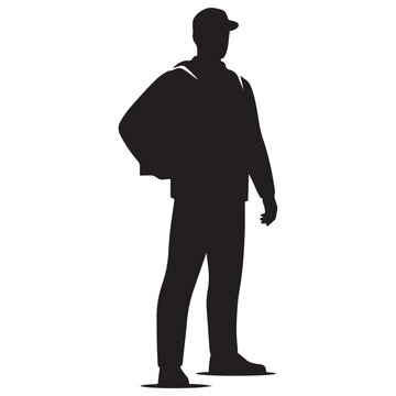 Black silhouette of a standing delivery worker wearing a cap and carrying a large square package, isolated on a white background