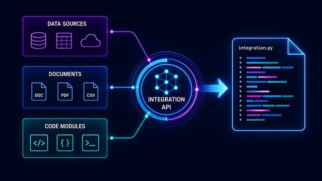 Data integration API system architecture showing multiple sources connecting into unified software module