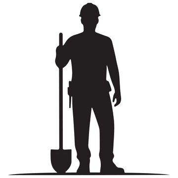 Black silhouette of a construction worker standing and holding a shovel, wearing a hard hat and tool belt, isolated on a white background
