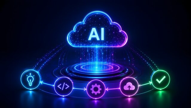 Artificial intelligence cloud computing concept with glowing AI text and process icons for ideas coding and success