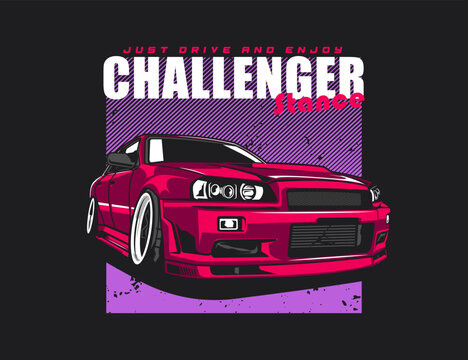90s Stance Car Image with Striped Grunge Background Vector Image