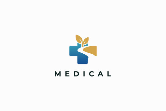 Medical Cross Logo With Leaf Path Symbolizing Natural Health, Wellness, Eco Medicine And Holistic Care