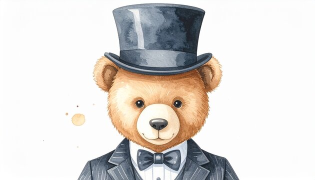 Watercolor illustration of a gentleman teddy bear in a tuxedo and top hat