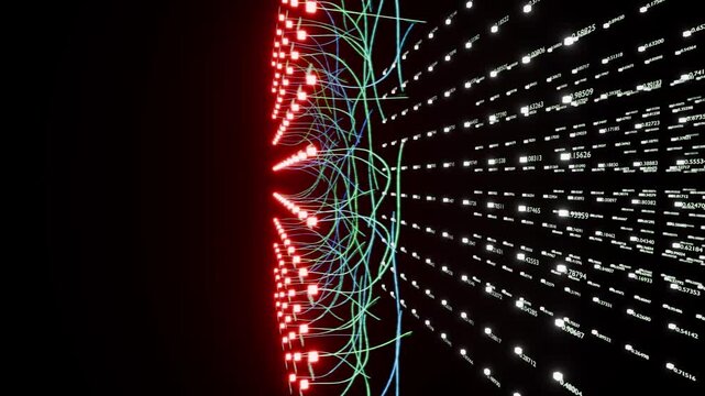 3D animation of an AI neural network illustrating perceptrons and weights.