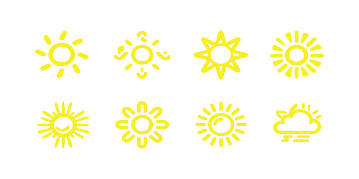 Bright yellow sun icon set with weather symbols and sunshine elements for summer design vector illustration.