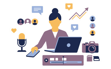 Fototapeta premium Professional content creator working on a laptop with video editing tools and social media marketing icons