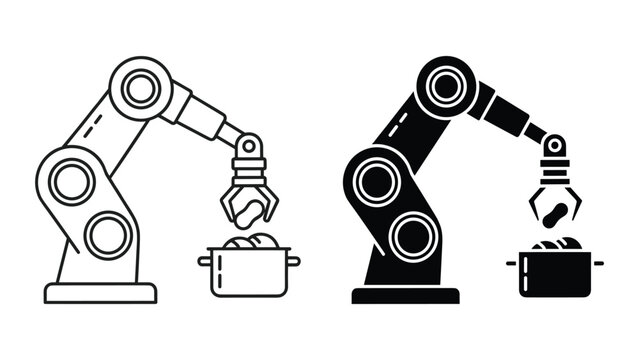 Robotic arm cooking food in a pot, industrial automation in kitchen, food manufacturing process, robotic chef icon, vector illustration isolated on white background