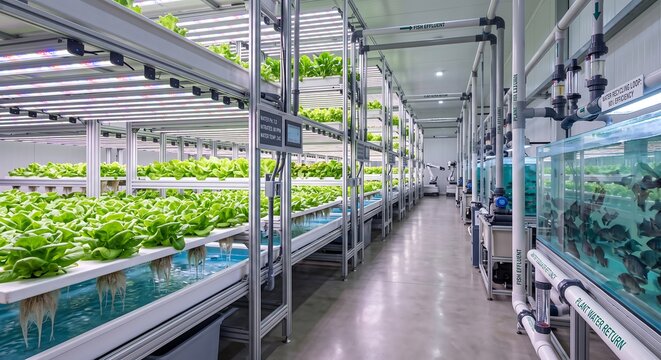 Modern aquaponics farm with lettuce on hydroponic shelves and fish tanks. Sustainable agriculture combining aquaculture and vertical farming. Smart food production concept.