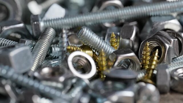 Close-up dolly shot of nuts and bolts hardware