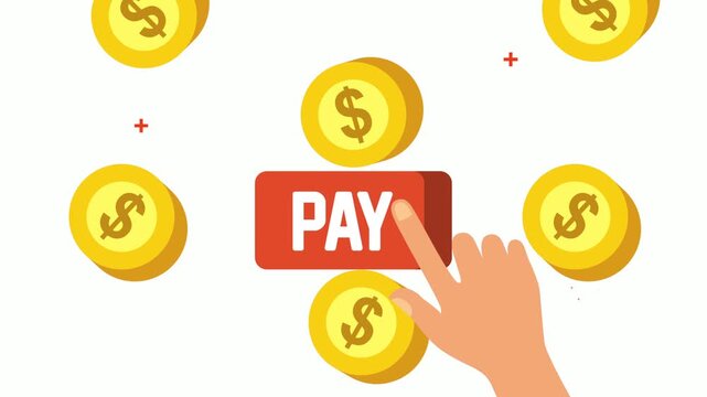 Animated finger clicking pay button with falling gold dollar coins for financial business transactions.