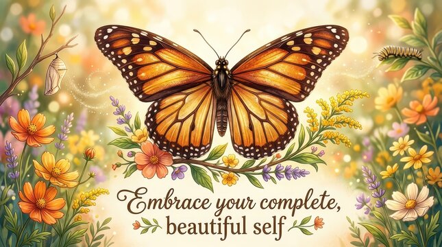Monarch butterfly resting on flowers with inspirational text "Embrace your complete, beautiful self" - concept of transformation, beauty, and nature