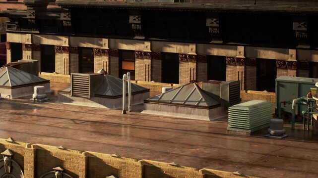 Rooftop scene shows several structures and equipment on a city building. The sun shines on the rooftop, highlighting the different shapes and colors of the components.