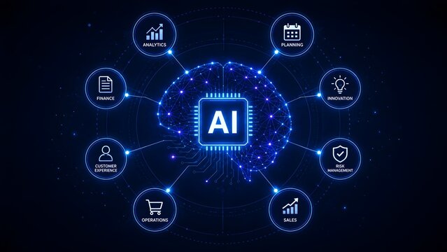 Artificial Intelligence Digital Brain Diagram Connecting Business Strategy And Management Nodes