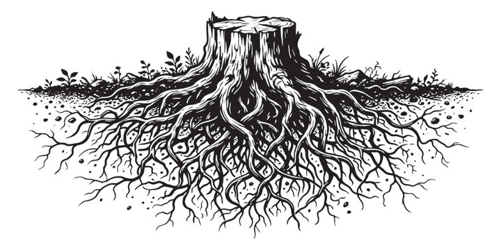 Detailed hand drawn tree stump with deep roots underground silhouette vector illustration for nature environment design.