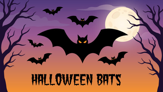 Spooky Halloween silhouette vector illustration background with flying bats and full moon