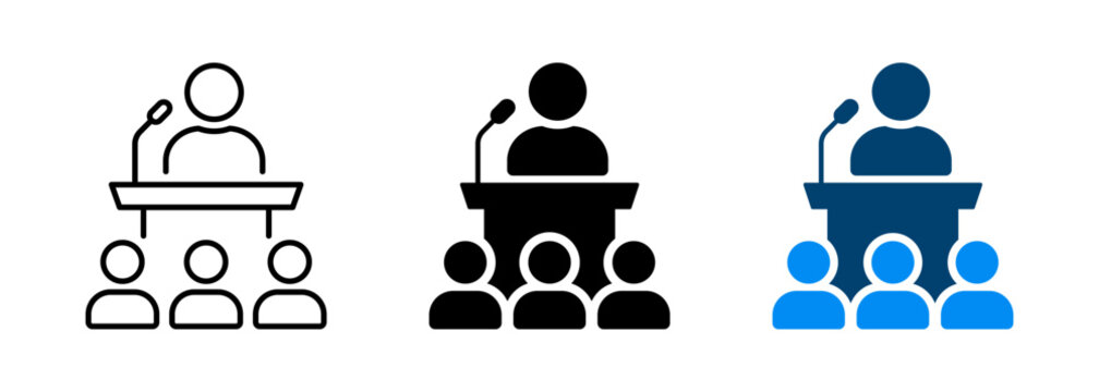 Public speech icon. Speaker or person at podium and audience symbol representing conference, presentation, lecture, announcement.