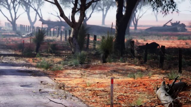 A road winds through a bush landscape with trees on both sides. The sun rises in the morning, casting light on the scenery. There are patches of red earth and grass along the road.