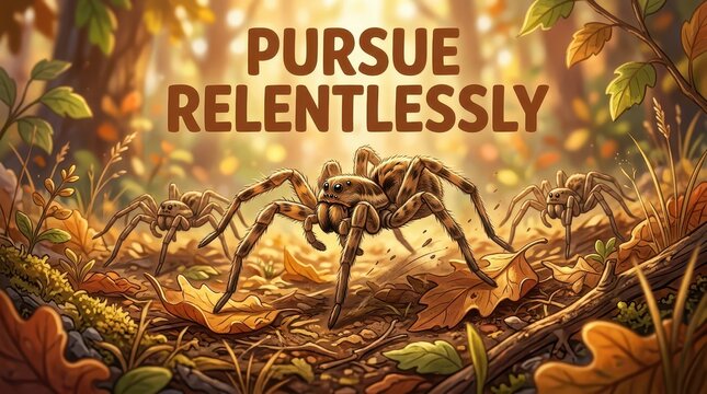 Several large tarantulas with fuzzy bodies and long legs are aggressively hunting in a forest floor covered with autumn leaves.