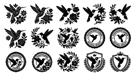 Fototapeta premium Hummingbird and Floral Silhouette Emblem Set featuring Vintage Badges Crests and Botanical Elements for Natural Beauty Branding and Label Designs